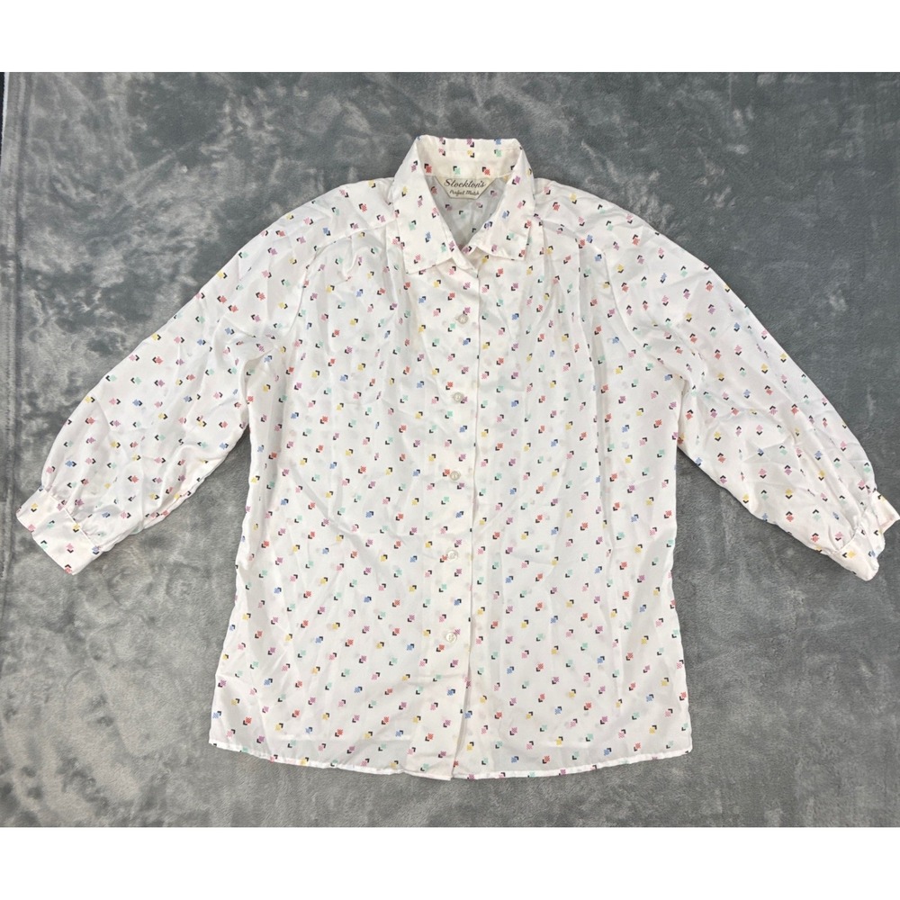 Stocktons Perfect Match Vtg 80s White Multi Color Geometric Confetti Blouse L